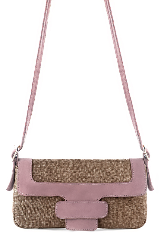 Caramel brown and dusty rose pink women's dress handbag, matching pumps and belts. Top view - Florence KOOIJMAN